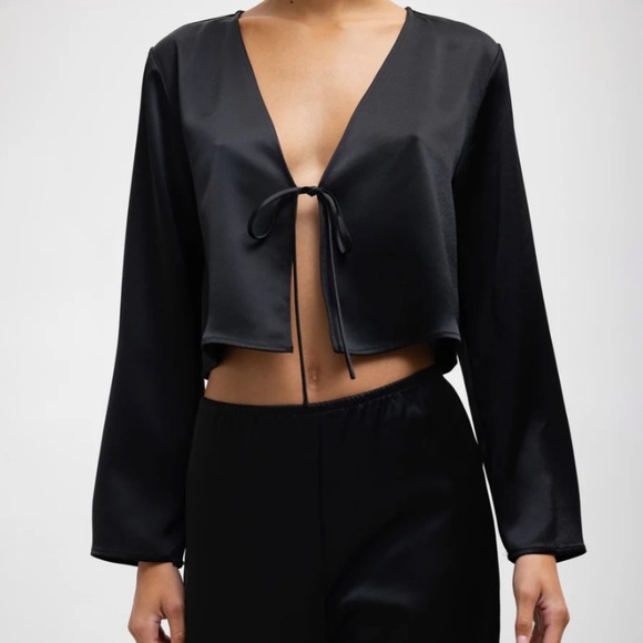 Leset Barb Satin Long Sleeve Open Tie Cropped Crop Blouse Top Black - Picture 2 of 11
